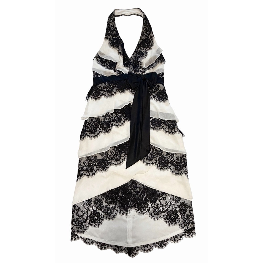 VTG Tadashi Shoji 10P Black Eyelash Lace 100% Silk Cream Tiered Halter High/Low